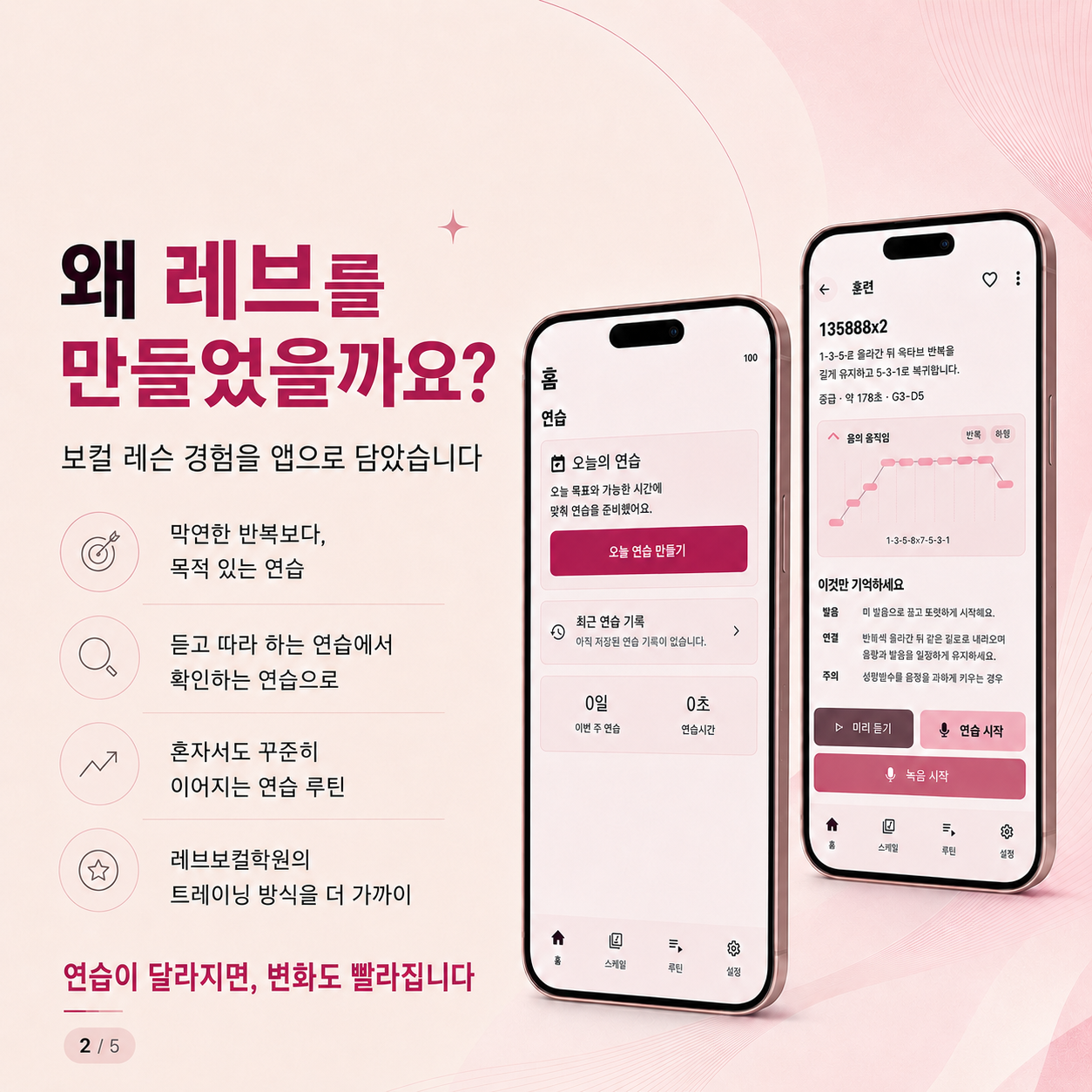레브보컬학원 보컬 트레이닝 앱의 연습 시스템과 실제 앱 화면